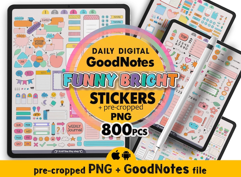 Hand drawn rainbow сute digital sticker book, set of 800 pre-cropped digital planner stickers for Goodnotes and other apps.
