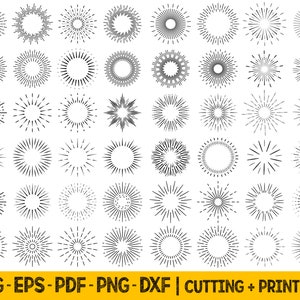 May include: A set of 40 black and white sunburst designs. The sunbursts are circular with radiating lines. The designs are perfect for creating logos, branding, and other graphic design projects.