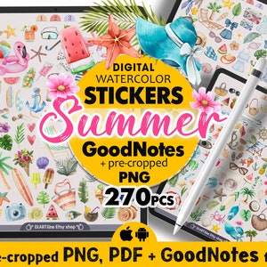 Aquarell Sommer Aufkleber Png, Digitale Aufkleber Goodnotes Aesthetic Pre-Cropped Png, Aquarell Goodnotes Planer Aufkleber Sommer Vibes Png