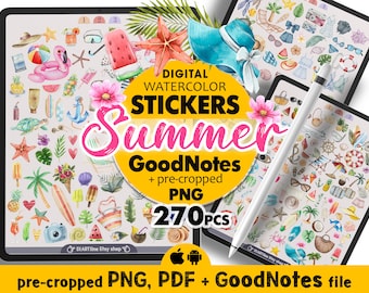 Pegatinas veraniegas de acuarela PNG, pegatinas digitales estéticas Goodnotes PNG pre-recortadas, pegatinas de acuarela para agenda Goodnotes con ambiente veraniego PNG