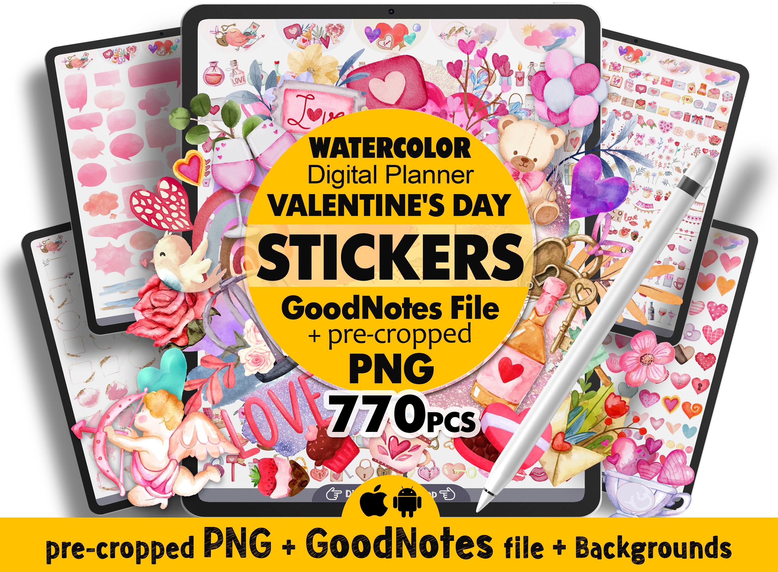 Pink GoodNotes stickers digital download - Watercolor Valentine's Day planner stickers - Pre cropped journal stickers bundle PNG