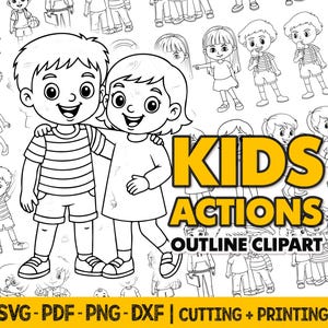Children Clipart Bundle, Kids Action Digital Coloring PNG Designs, Hand Drawn Outline SVG Files