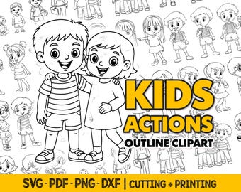 Children Clipart Bundle, Kids Action Digital Coloring PNG Designs, Hand Drawn Outline SVG Files