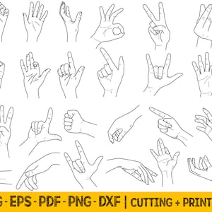 Puede incluir: Un conjunto de 20 gestos de manos dibujados en arte de línea negra. Las manos están en varias posiciones, incluyendo apuntar, saludar y hacer el signo de la paz.