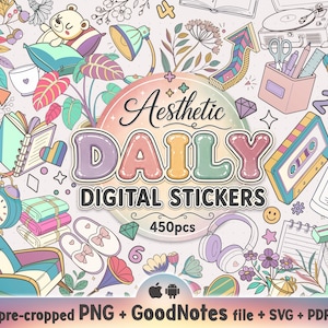 Puede incluir: Una colección de 450 pegatinas digitales con ilustraciones coloridas de un oso de peluche, lámpara, plantas, libros, despertador, sillón, zapatillas, casete, auriculares y cosméticos con el texto Aesthetic DAILY DIGITAL STICKERS.