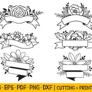 Archivos SVG de pancarta floral para Cricut, pancarta de cinta vintage, flores de Cricut para boda, archivos SVG cortados con láser, archivos PNG para sublimación