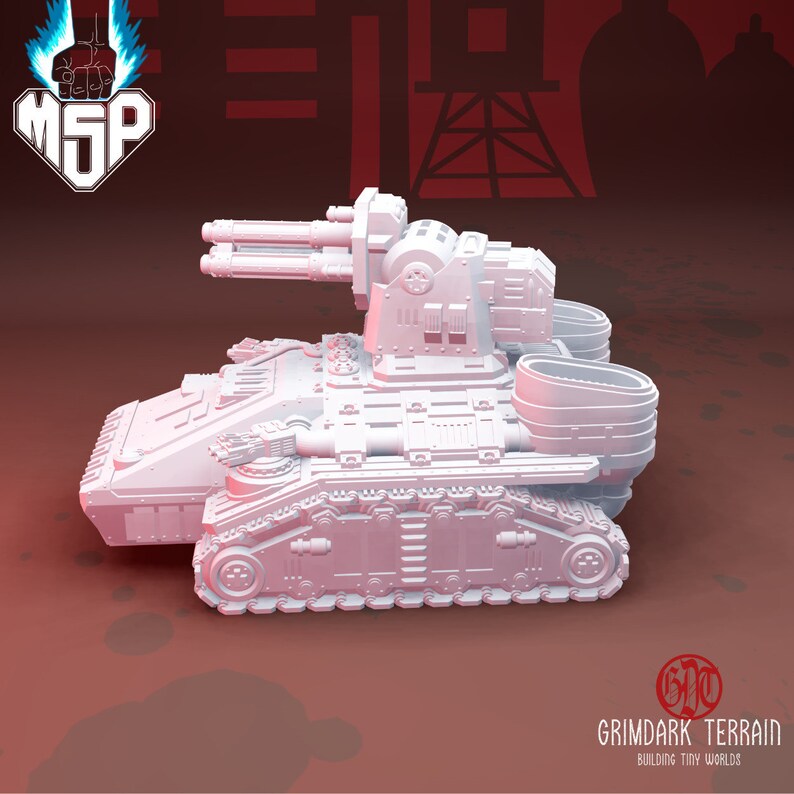 Puede incluir: Modelo de tanque blanco de pl&aacute;stico con un ca&ntilde;&oacute;n grande en la parte superior. El tanque tiene un dise&ntilde;o detallado con orugas y una placa frontal grande. El tanque est&aacute; sobre un fondo rojo con el texto "GRIMDARK TERRAIN BUILDING TINY WORLDS" en la parte inferior.