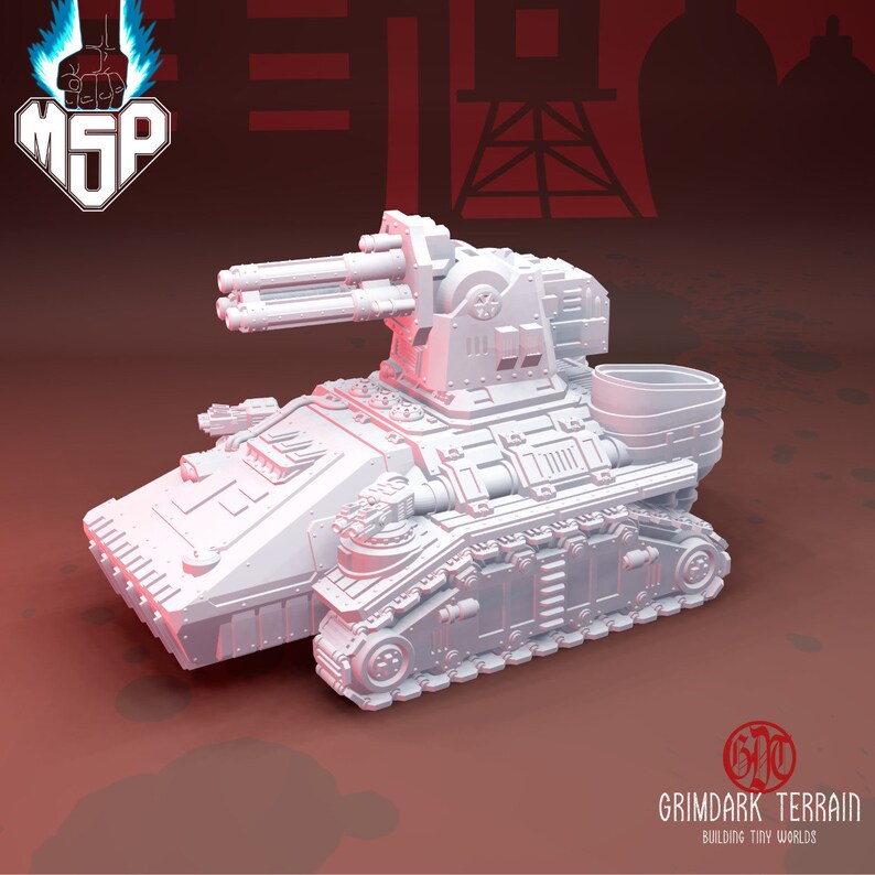 Puede incluir: Modelo de tanque futurista de pl&aacute;stico blanco con un ca&ntilde;&oacute;n grande en la parte superior. El tanque tiene orugas y un dise&ntilde;o detallado. El modelo es parte de un conjunto GrimDark Terrain para construir mundos en miniatura.