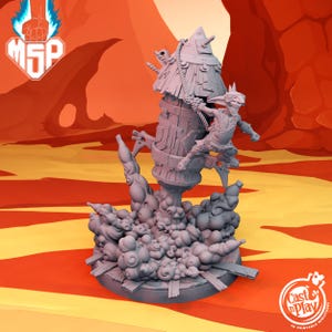 Könnte beinhalten: Eine graue 3D-gedruckte Miniatur eines Goblin-artigen Wesens, das auf eine raketenförmige Struktur mit einem kleinen Dach klettert. Die Rakete ist von einer Rauchwolke umgeben. Die Miniatur ist vor einem roten und orangen Hintergrund platziert.