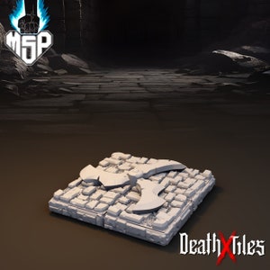 May include: A white 3D printed tile with a gray, three-bladed weapon design. The tile is textured to look like stone and has a square shape. The tile is part of a set called "Death Tiles".