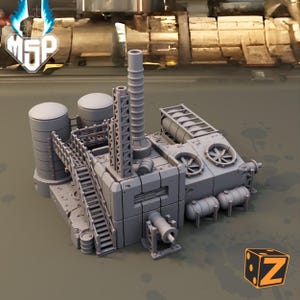May include: A grey miniature industrial factory model featuring tanks, a chimney, and a ladder. The model has a detailed design with various components, including a cooling system and cylindrical tanks. The overall design is a detailed representation of an industrial complex.