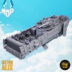 May include: A gray miniature warship model with a large cannon and several miniature soldiers. The model has the text "SECTOR ALIX" and "MSP" on it. The background is a blue sky with clouds.