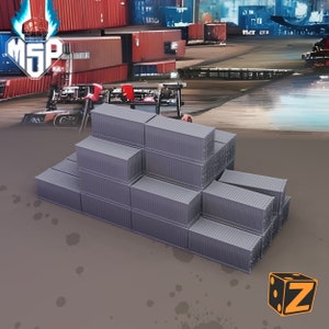 May include: A stack of gray shipping containers, arranged in a pyramid shape, with the containers stacked on top of each other. The containers are made of metal and have a textured surface.