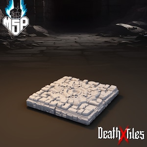 May include: A white, 3D printed, square tile with a raised design of a skull and crossbones. The tile is made to look like a cracked and broken stone floor.