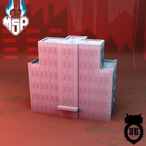 Può includere: Un edificio grigio chiaro a più piani con molte finestre e un tetto piatto. L'edificio è un modello stampato in 3D.