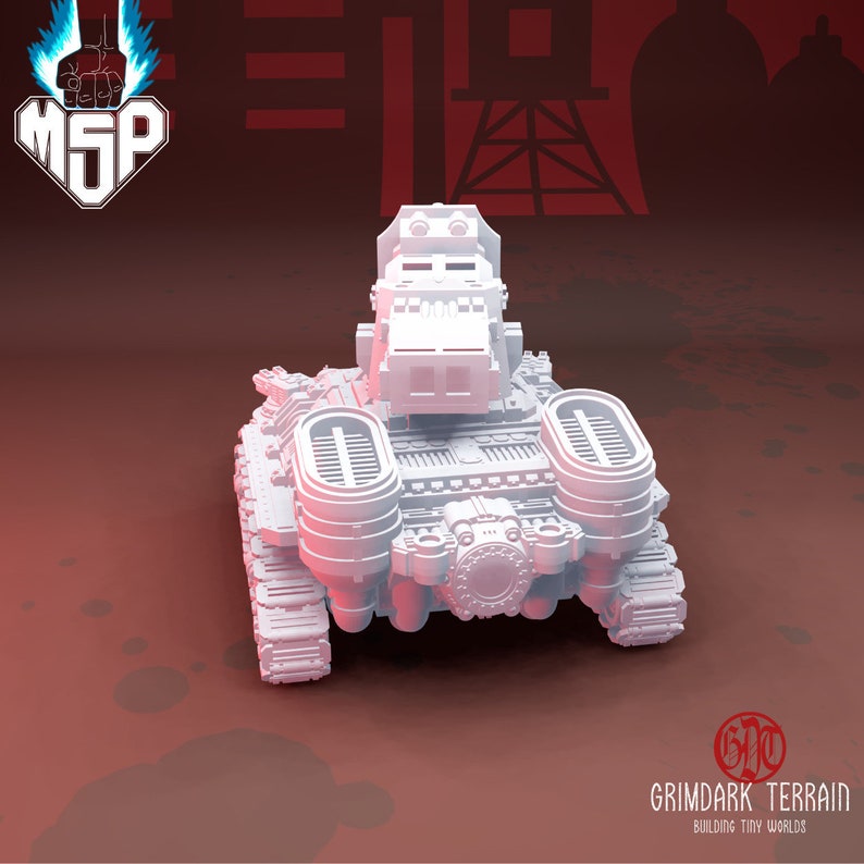 Puede incluir: Un modelo blanco de un tanque futurista impreso en 3D con una gran torreta de ca&ntilde;&oacute;n y dos motores laterales. El tanque est&aacute; sobre un fondo rojo con un logotipo que dice "GrimDark Terrain Building Tiny Worlds".