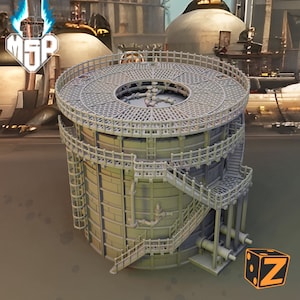 May include: A gray metal industrial tank with a circular platform and a ladder leading to the top. The tank has a series of pipes and valves on the side.