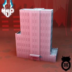 Può includere: Un modello bianco dettagliato di un edificio alto, rettangolare, con molte finestre. L'edificio ha un tetto piatto e un piccolo ingresso. Il modello è posizionato su uno sfondo rosso.