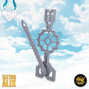 Könnte beinhalten: Eine graue, stilisierte Waffe mit einer sägeartigen Klinge und einem kreisförmigen Zahnraddesign. Die Waffe hat ein komplexes, mechanisches Aussehen. Das Bild enthält den Text "SECTOR ALIX" und ein Logo mit dem Text "MSP".
