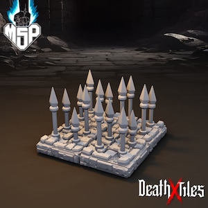 May include: A gray, square, stone tile with 18 sharp, pointed spikes protruding from the surface. The tile is designed for tabletop games and role-playing games.