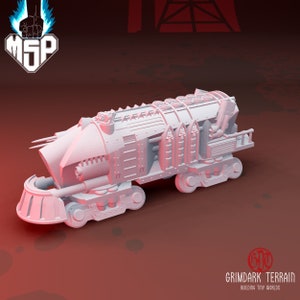 May include: A white, detailed, futuristic train model with a large, pointed front and multiple cannons. The train has a spiked top and a large, round base. The model is made of plastic and is designed for tabletop gaming.