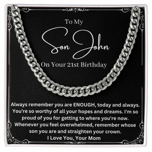 Presente personalizado para filho com corrente cubana da mãe no aniversário de 21 anos, ideia exclusiva de presente personalizado para menino de 21 anos, da mãe ao filho de 21 anos