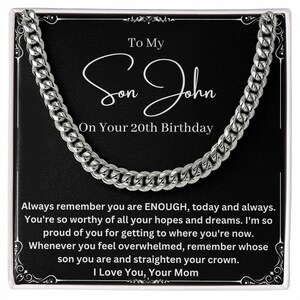 Cadeau personnalisé de chaîne cubaine de maman pour son 20e anniversaire, idée de cadeau personnalisée unique pour le fils de 20e anniversaire, de maman à 20 ans fils