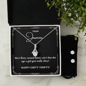 Collier personnalisé de 30e anniversaire et boucles d’oreilles cadeau pour femme, cadeau d’anniversaire sale de trente ans pour elle, carte d’anniversaire hilarante de 30 ans