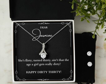 Collier personnalisé de 30e anniversaire et boucles d’oreilles cadeau pour femme, cadeau d’anniversaire sale de trente ans pour elle, carte d’anniversaire hilarante de 30 ans