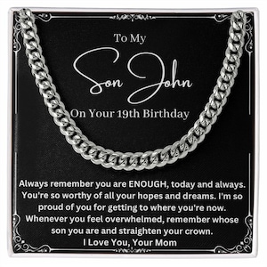 Personalisierte kubanische Kette Sohn Geschenk von Mama am 19. Geburtstag, Einzigartige individuelle Geschenkidee für 19. Geburtstag Junge, von Mama bis 19 Jahre alt Sohn