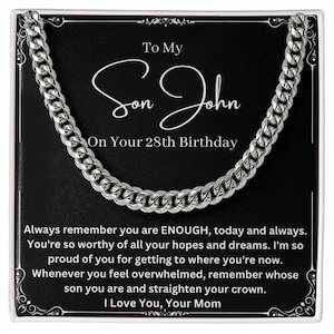 Regalo personalizado de hijo de cadena cubana de mamá en cumpleaños número 28, idea única de regalo personalizado para hijo que cumple 28 años, de mamá a hijo de 28 años