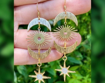 Sunburst Sparkling Moon Star Earrings | Celestial Dangle Drop Boho Earrings | Goddess Earrings | Gift For Her