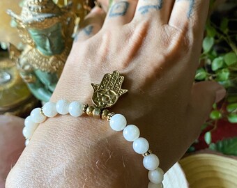 Moonstone Bracelet With Antique Bronze Fatima Hamsa Hand Charm | Bohemian Bridal Beaded Bracelet | Yoga Jewelry