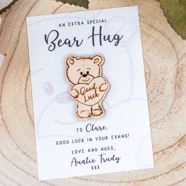 Personalised Good Luck in Your Exams gift. Wooden bear hug Good luck card or pocket gift. Good Luck in your GCSE's gift, AS or A Levels.
