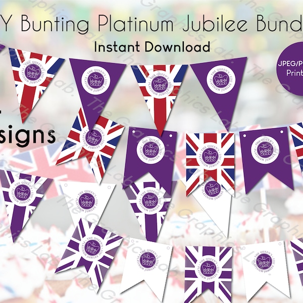 Queens Platinum Jubilee DIY Bunting clip art Banner | Party Decorations | Street Party | Printed Flags | Union Jack Banner