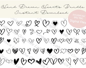 May include: A collection of hand-drawn heart illustrations in black ink. The image includes various heart shapes, from simple outlines to filled-in designs, with the text "Hand Drawn Hearts Bundle Instant Download" and "Digital Files".