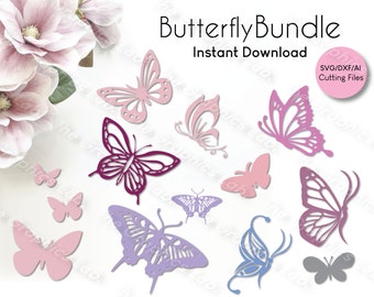Könnte beinhalten: Ein digitaler Download von 10 Butterfly-SVG-Schnittdateien. Die Schmetterlinge sind in verschiedenen Farben, darunter Pink, Lila, Blau und Grau. Die Schmetterlinge sind in verschiedenen Größen und Formen. Der Text "Butterfly Bundle" und "Instant Download" befindet sich oben im Bild. Der Text "SVG/DXF/AI Cutting Files" befindet sich in einem rosa Kreis oben rechts im Bild.