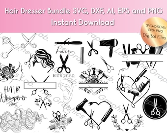 May include: A black and white digital design bundle for hairdressers. The bundle includes a variety of images, including scissors, hair dryers, combs, and a heart with the words "Hair Whisperer".