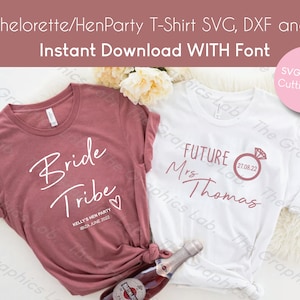 May include: Two t-shirts with text and a heart design. The pink shirt says "Bride Tribe" with the text "Kelly's Hen Party 18. June 2022". The white shirt says "Future Mrs Thomas" with a ring and the date "27.08.22".