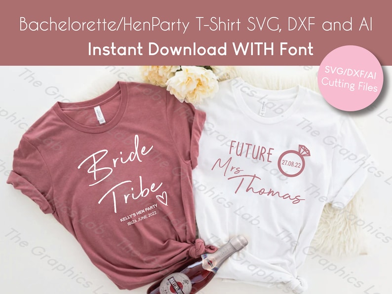 May include: Two t-shirts with text and a heart design. The pink shirt says "Bride Tribe" with the text "Kelly's Hen Party 18. June 2022". The white shirt says "Future Mrs Thomas" with a ring and the date "27.08.22".