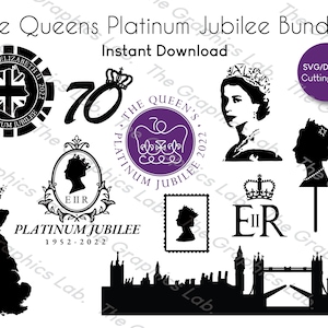 La Reine, Jubilé de Platine, fichiers SVG / AI et DXF, Bundle, silhouette, Cricut, Street Party, invitations, cartes avec Cake topper