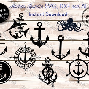 Puede incluir: Un conjunto de diez archivos de corte SVG, DXF y AI de anclas negras. Las anclas son de varios estilos, incluyendo una brújula, una rueda de barco y un ancla con una cuerda. El texto "Anchor Bundle SVG, DXF and AI" y "Instant Download" es visible en la parte superior de la imagen.