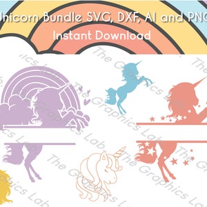 Puede incluir: Gráfico de descarga digital con diseños de unicornios en varios colores. La imagen incluye un arcoíris, nubes y el texto "Unicorn Bundle SVG, DXF, AI and PNG Instant Download". Los diseños incluyen unicornios con estrellas y arcoíris.