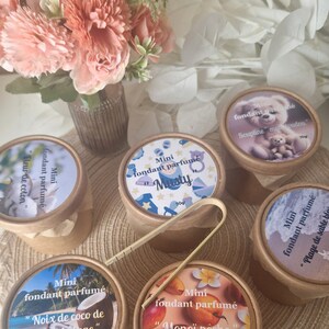 Peut inclure: Six petits contenants ronds en carton avec couvercles, chacun contenant une cire parfumée. Les couvercles sont décorés de différents motifs et textes, dont "Mini fondant parfumé", "Musty", "Soupline" moricudou", "Fleur de coton", "Noix de coco de waikiki plage", et "Monoï pêche".