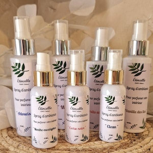 Peut inclure: Sept petits flacons en verre avec des bouchons argentés et dorés. Chaque flacon contient un liquide blanc et porte une étiquette avec le texte "Étincelle" et une description du parfum. Les parfums sont "Adoucis", "Menthe eucalyptus", "Cerise noire", "Clean", "Vanille des iles", "M" et "ruits sa".