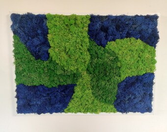 Marco rectangular de liquen estabilizado verde y azul con marco blanco, 70 x 50 cm. Musgo nórdico escandinavo - MossHouse