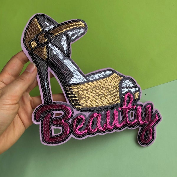 Lettering Sequin Shoe Patch, Sequin Red High Heel Sandal Patch, Embroidered Ironing Patch, DIY Jacket Patch