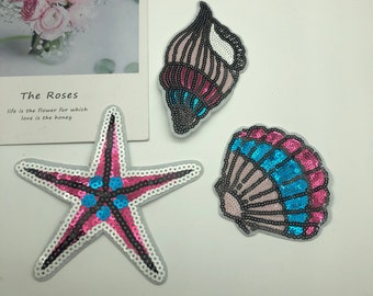 Starfish conch shell sequin patch, sequin applique pattern jacket T-shirt backpack bag hat embroidered sea patch ironed