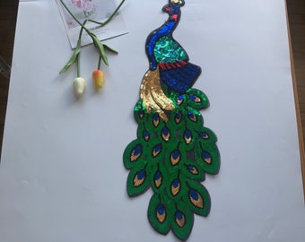 Large Sequined Peacock Appliqué Feather Embroidered Green Iron Patch