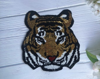 Angry Tiger Patch, Sequin Patch, Iron Patch Sewing Glitter DIY Applique Pattern Clothing Jacket Backpack Decor